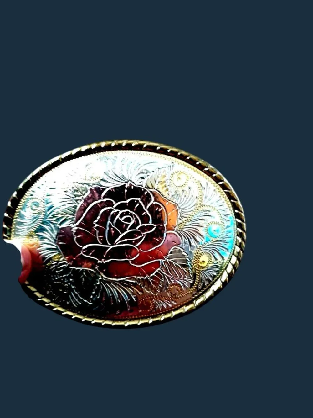 Western Belt Buckle Silver & Gold Rose Flower W Logo Made in USA Oval Womens